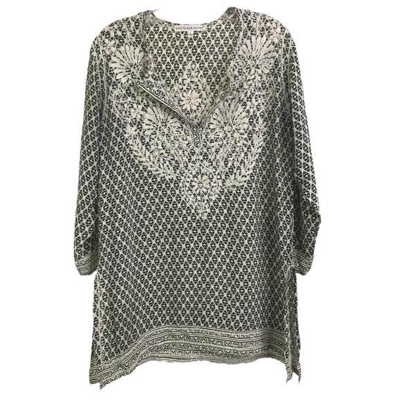 Gretchen Scott Embroidered Tunic Boho Top Black White Floral Caftan Coverup S - Picture 1 of 12
